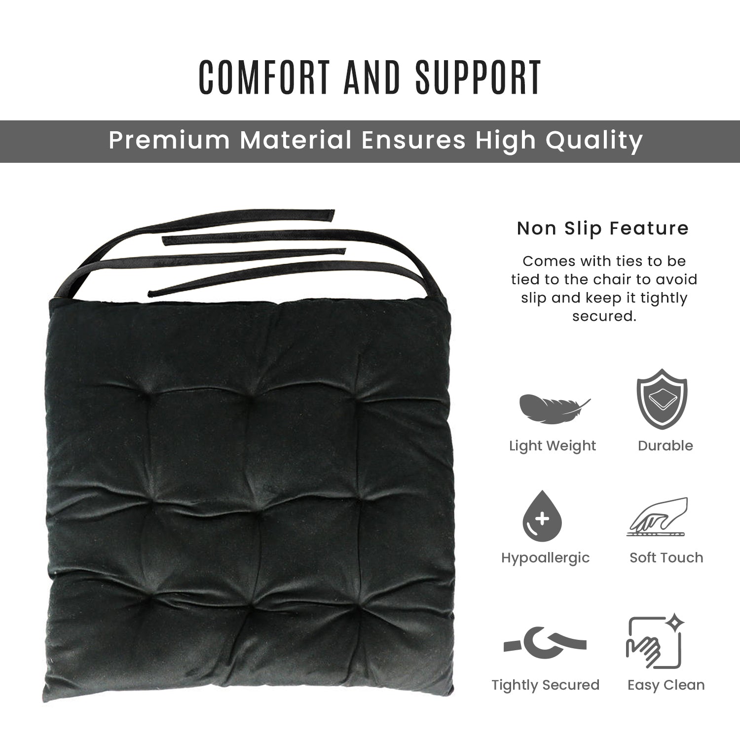 Velvet Slip Free Tufted  Chair Cushion Black 40x40cm - Pack of 4 - Cotton Home