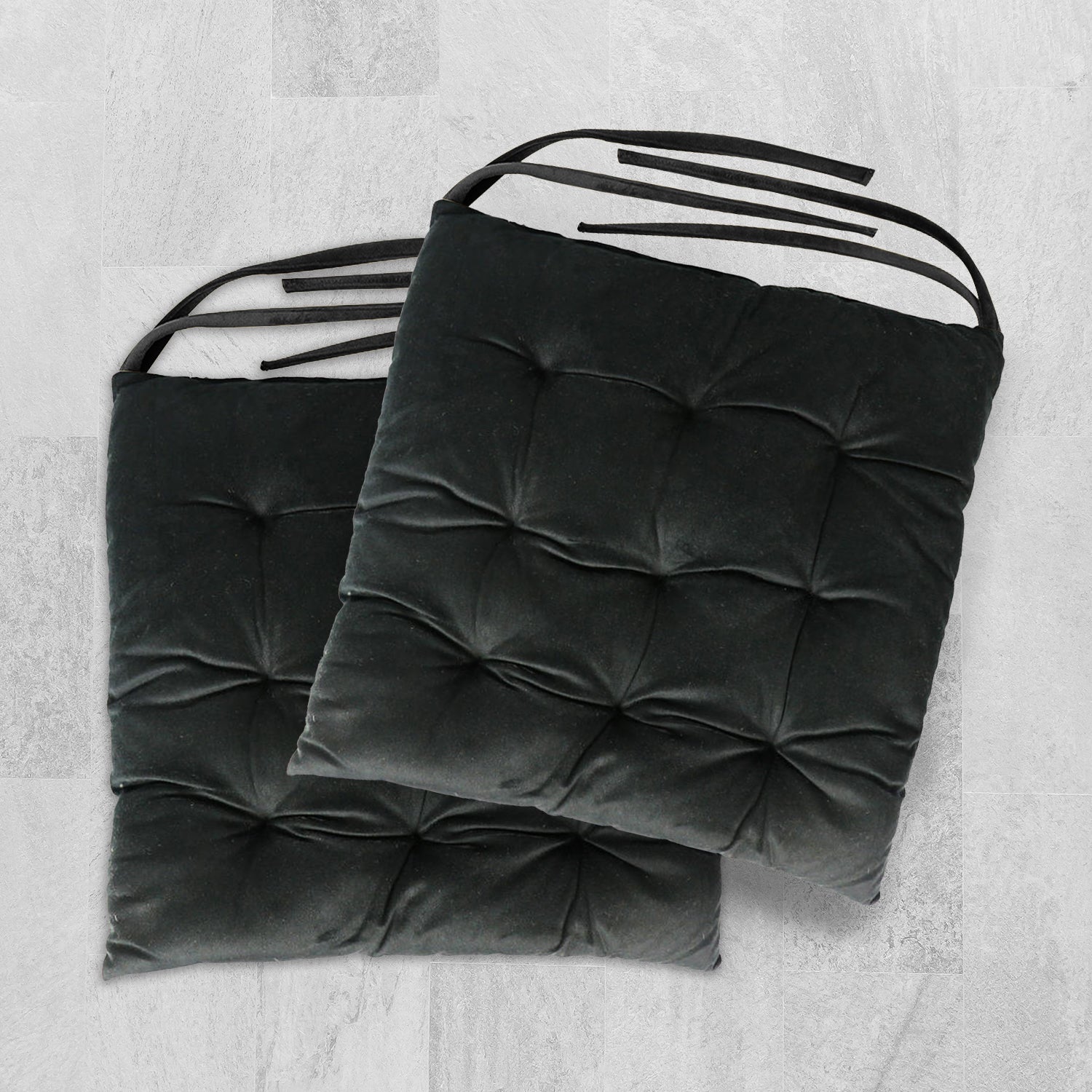 Velvet Slip Free Tufted  Chair Cushion Black 40x40cm - Pack of 2 - Cotton Home