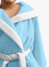 Panda Embroidered Kids Bathrobe with Hood and Tie Up Belt - Aqua - Cotton Home