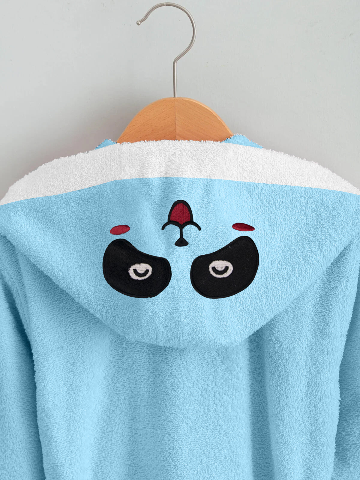 Panda Embroidered Kids Bathrobe with Hood and Tie Up Belt - Aqua - Cotton Home