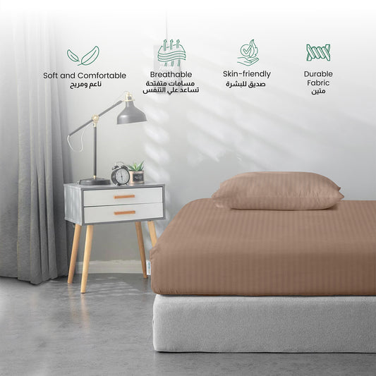 Stripe Fitted Sheet Set Double 120x200+25cm with Pillowcases Light Brown