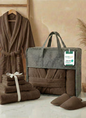 Luxury 7PC Egyptian Cotton Bath Bundle Set Brown – Bathrobe, Towels, Slippers