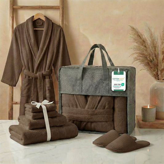 Luxury 7PC Egyptian Cotton Bath Bundle Set Brown – Bathrobe, Towels, Slippers