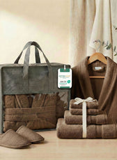 Luxury 7PC Egyptian Cotton Bath Bundle Set Brown – Bathrobe, Towels, Slippers