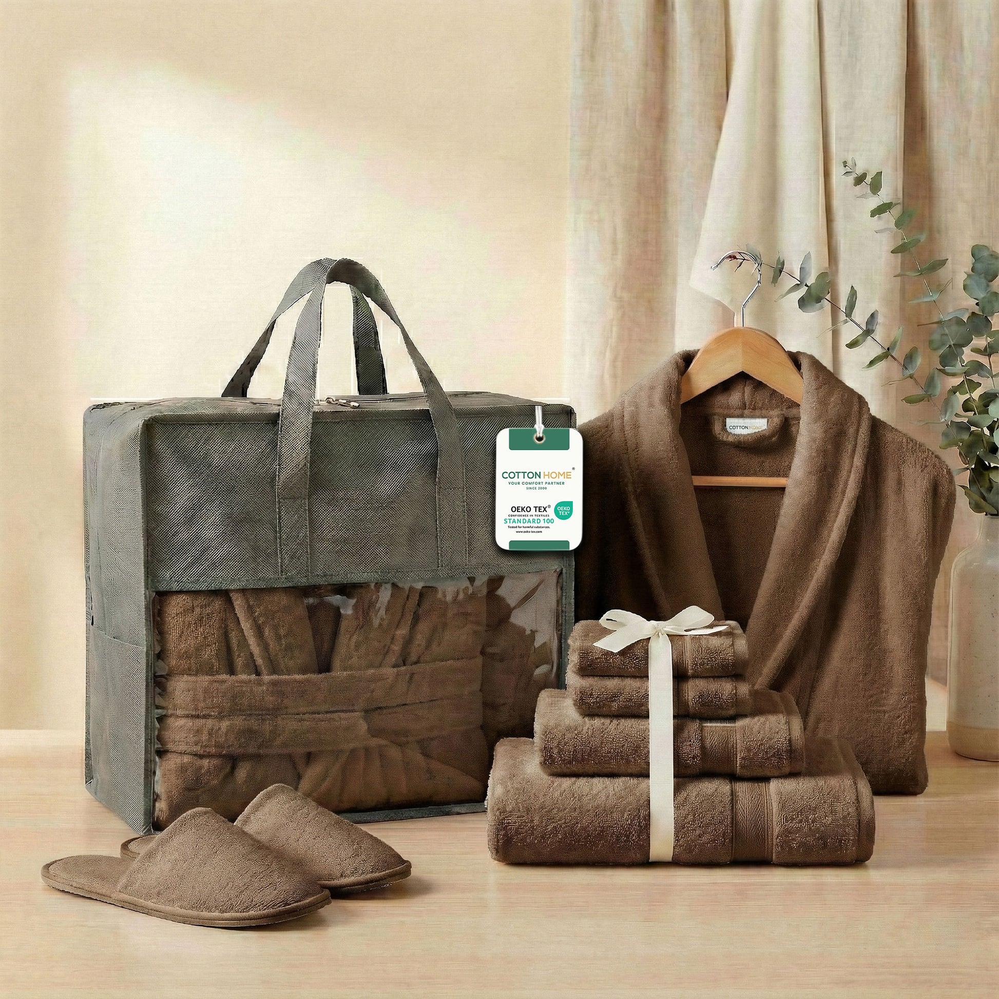 Luxury 7PC Egyptian Cotton Bath Bundle Set Brown – Bathrobe, Towels, Slippers