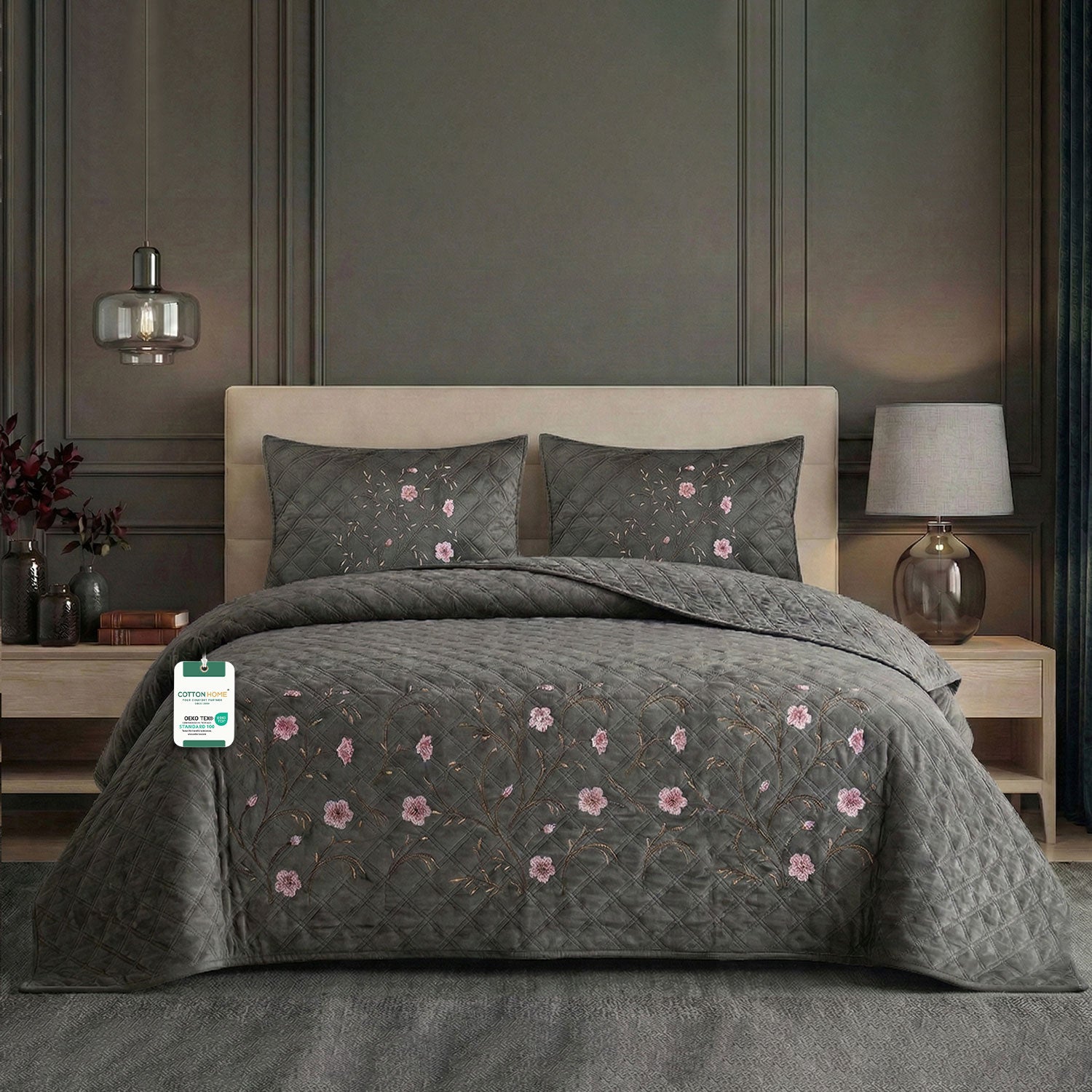 Velvet Quilt Set 3-Piece Diamond Quilted Bedspread Set 220×240cm with two pillow case Brown