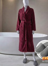Premium Cotton Burgundy Terry Bathrobe with Pockets, One Size Fits All with Free Bath Slippers