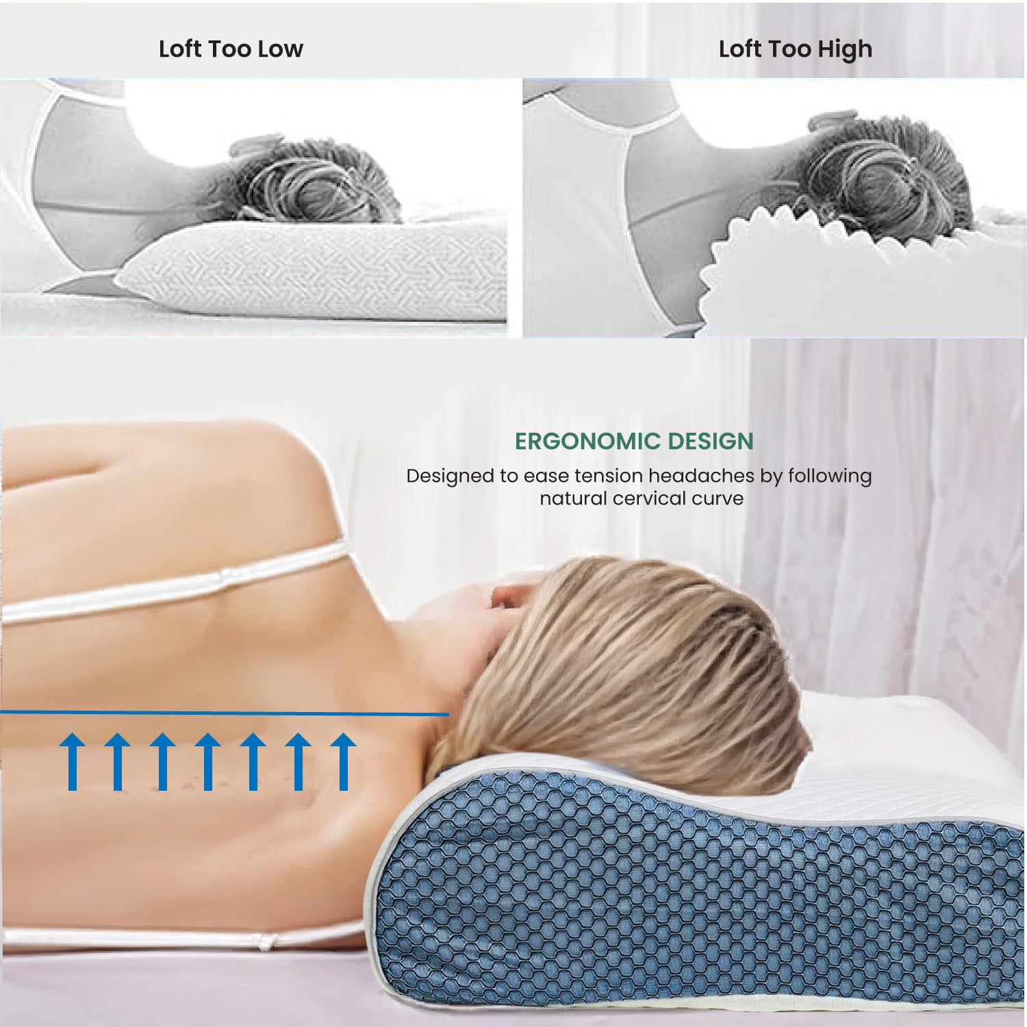 Cervical Support Memory Foam Mesh Pillow for Neck and Shoulder Pain Relief L60xW35xH9-11 CM - Cotton Home