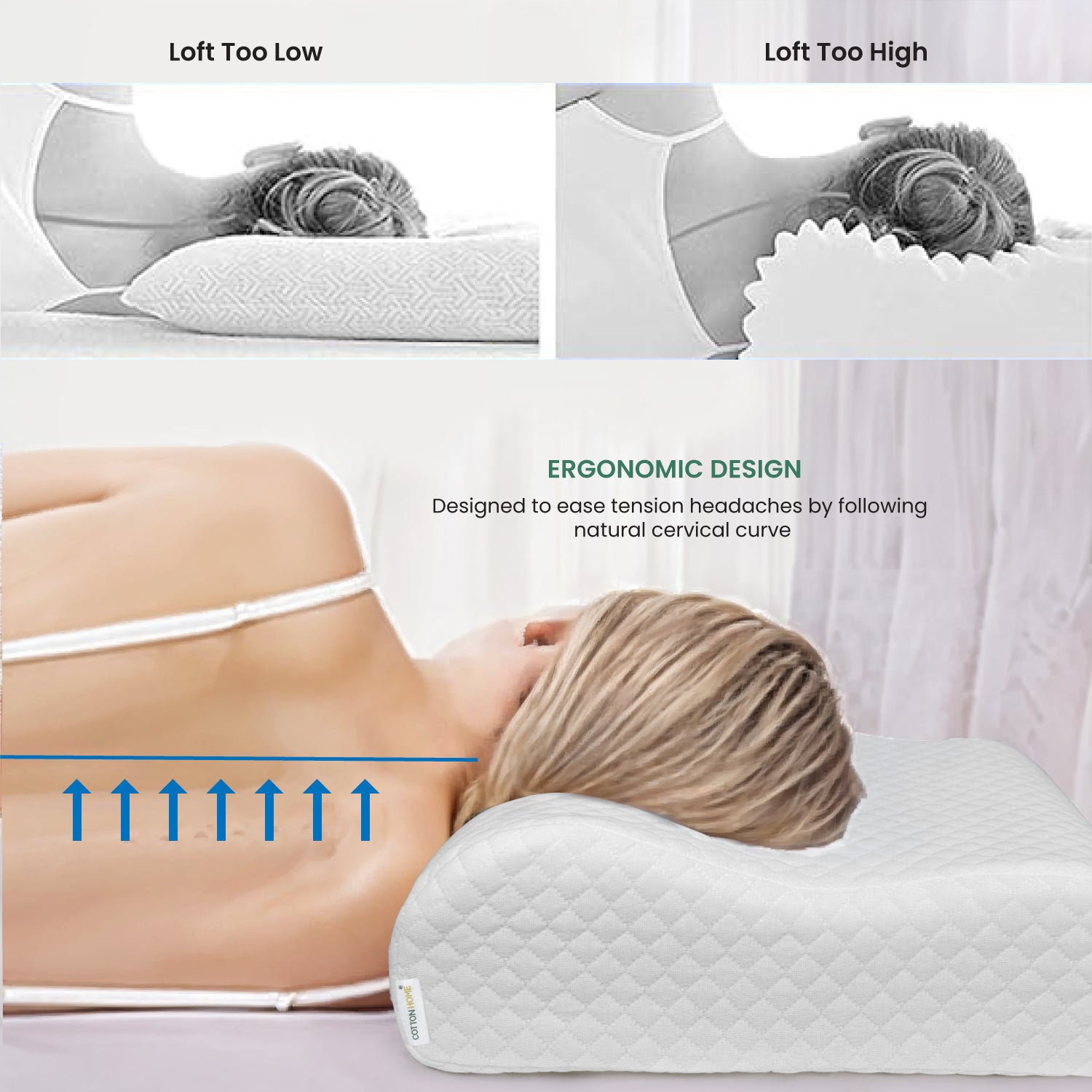 Cervical Support Memory Foam Pillow for Neck and Shoulder Pain Relief, Washable Cover 60x35x9-11 CM - Cotton Home