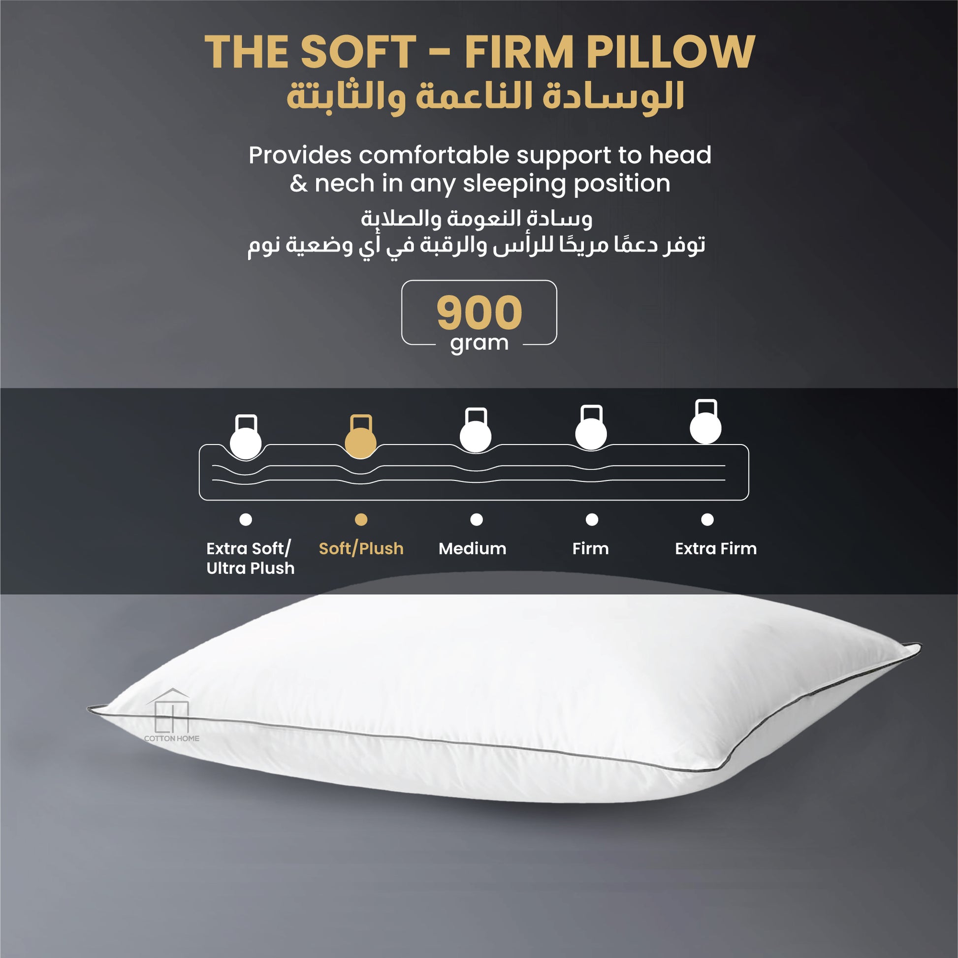 Beverly Side Sleeper Ultra Soft Cotton Pillow with Gray Cord for Ultimate Support 50x75cm 900grams - Cotton Home