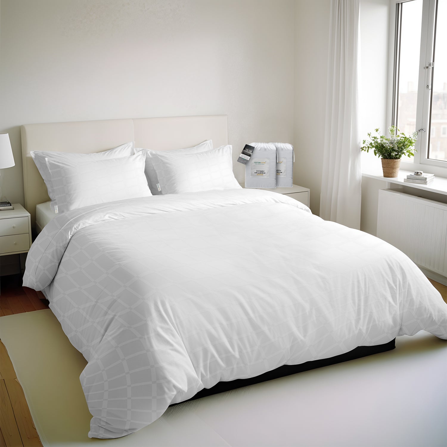 Egyptian Cotton 6 Piece Duvet Cover Set 240x260cm White Grid