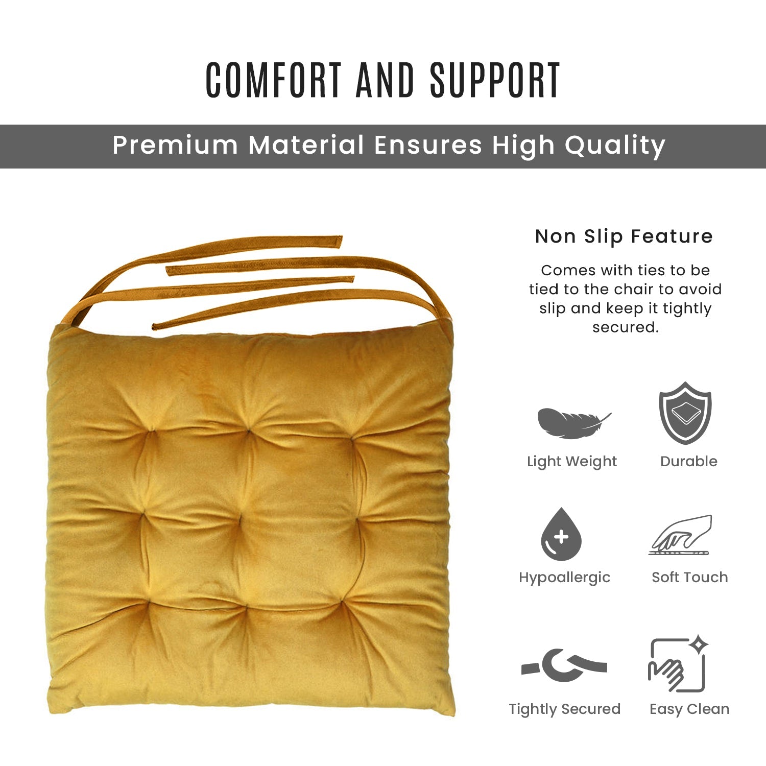 Velvet Slip Free Tufted  Chair Cushion Dark Mustard 40x40cm - Pack of 2 - Cotton Home