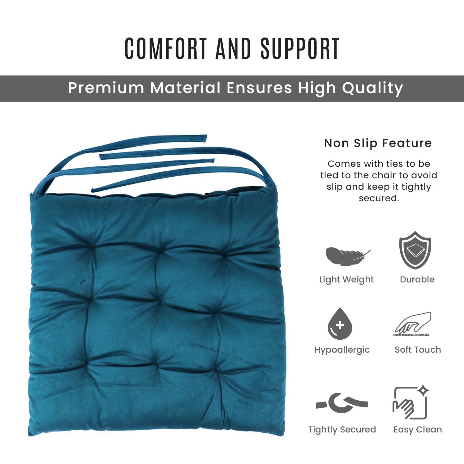 Velvet Slip Free Tufted  Chair Cushion Dark Teal 40x40cm - Pack of 2 - Cotton Home