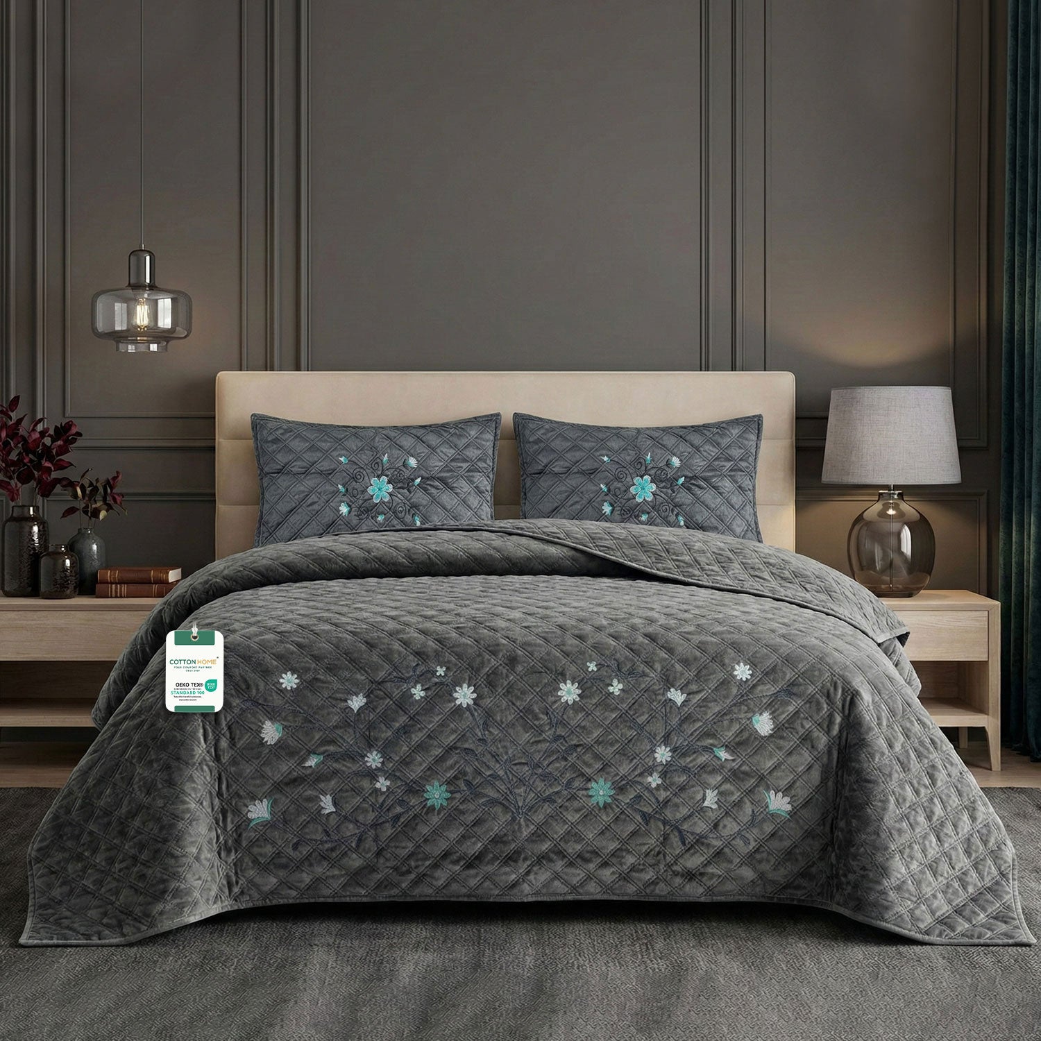 Velvet Quilt Set 3-Piece Diamond Quilted Bedspread Set 220×240cm with two pillow case Dark Gray