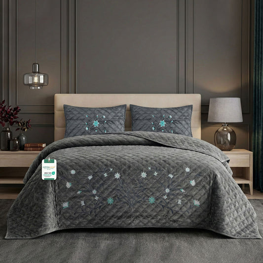 Velvet Quilt Set 3-Piece Diamond Quilted Bedspread Set 220×240cm with two pillow case Dark Gray