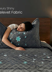 Velvet Quilt Set 3-Piece Diamond Quilted Bedspread Set 220×240cm with two pillow case Dark Gray