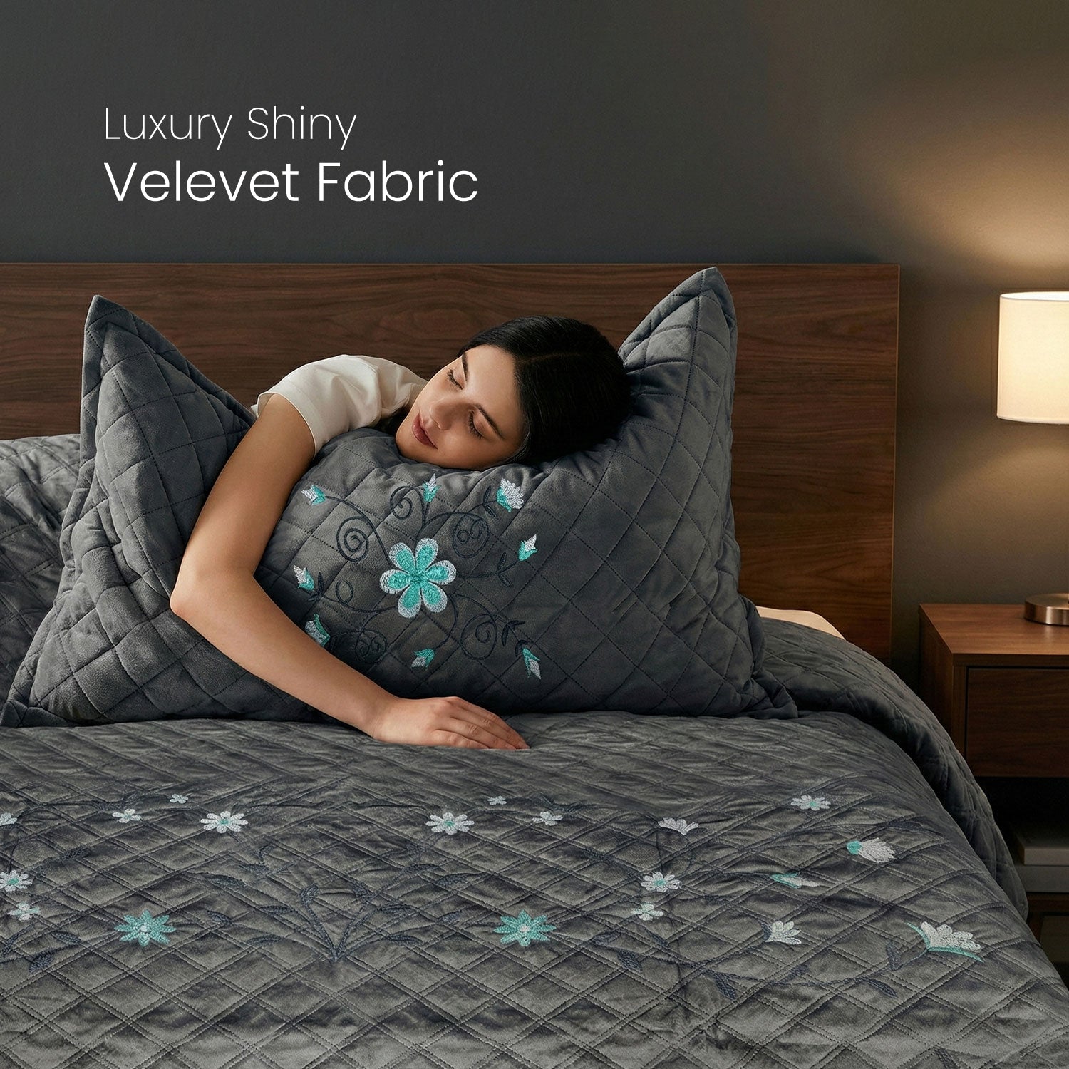 Velvet Quilt Set 3-Piece Diamond Quilted Bedspread Set 220×240cm with two pillow case Dark Gray