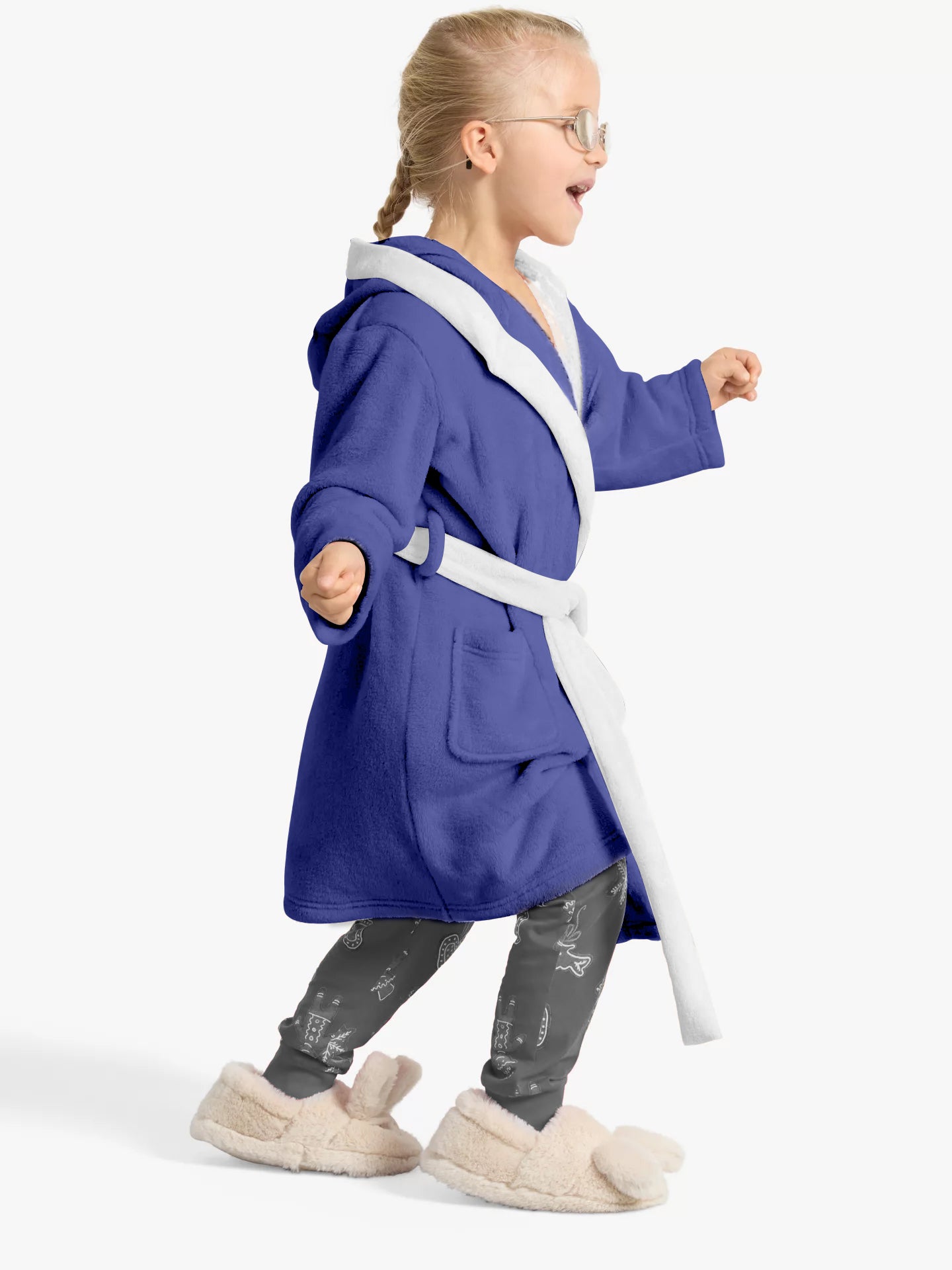 Premium Unisex Blue Bathrobe for Kids Ages 4-14 years with Hood and Tie Up Belt High quality Absorbent - Cotton Home