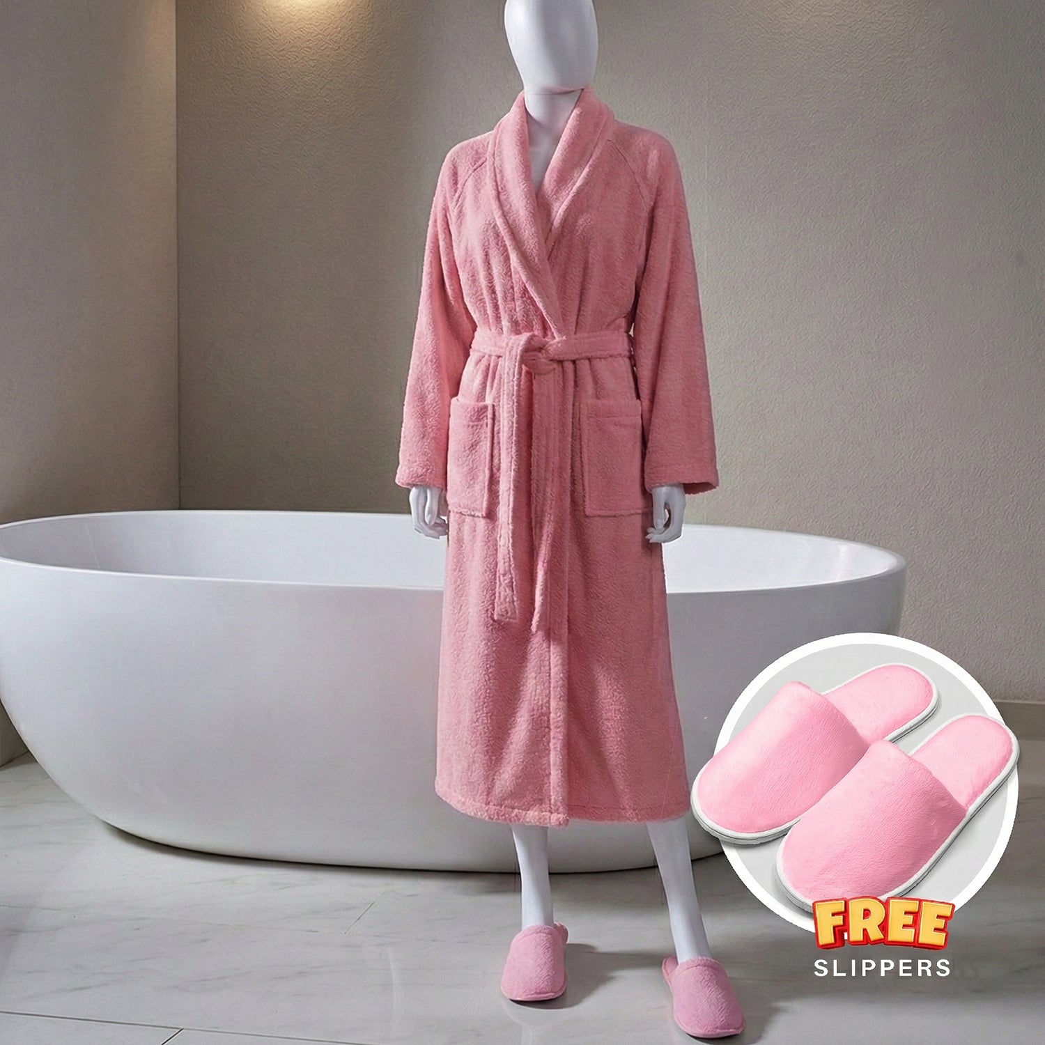 Premium Cotton Rose Pink Terry Bathrobe with Pockets, One Size Fits All with Free Bath Slippers