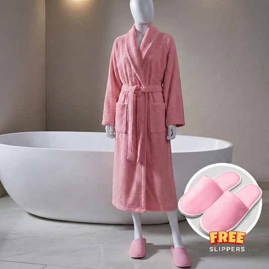 Premium Cotton Rose Pink Terry Bathrobe with Pockets, One Size Fits All with Free Bath Slippers