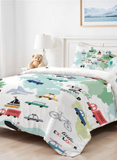 3PC Kids Duvet Cover Set – 135x220 Tiny Travelers Design 100% Premium Cotton