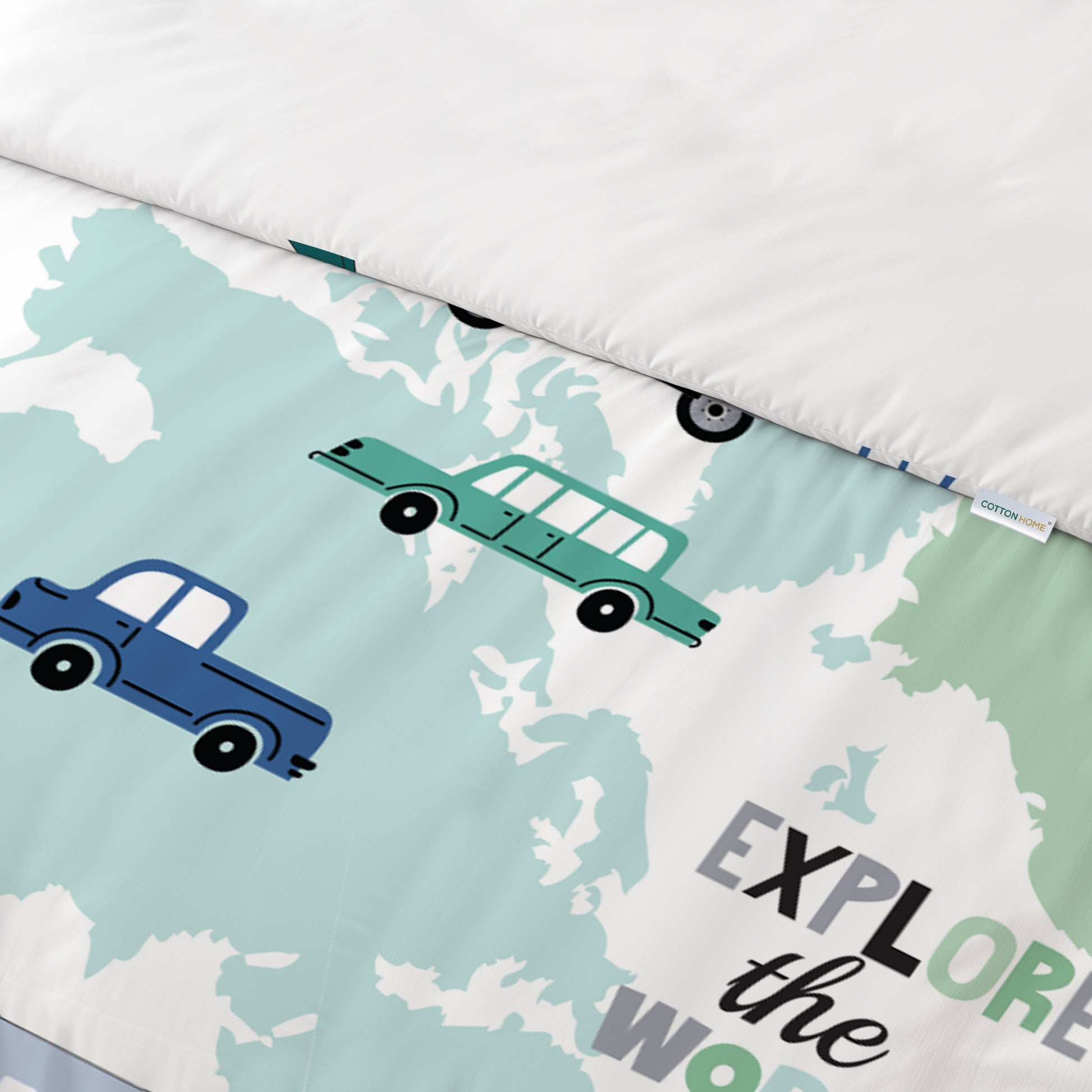 3PC Kids Duvet Cover Set – 135x220 Tiny Travelers Design 100% Premium Cotton