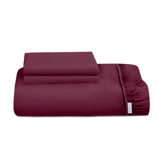 3 Piece Fitted Sheet Set Super Soft Burgundy Single Size 90x200+20cm with 2 Pillow Case - Cotton Home