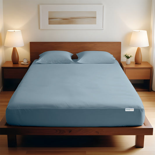 3 Piece Fitted Sheet Set Super Soft Metallic Blue Single Size 90x200+20cm with 2 Pillow Case - Cotton Home