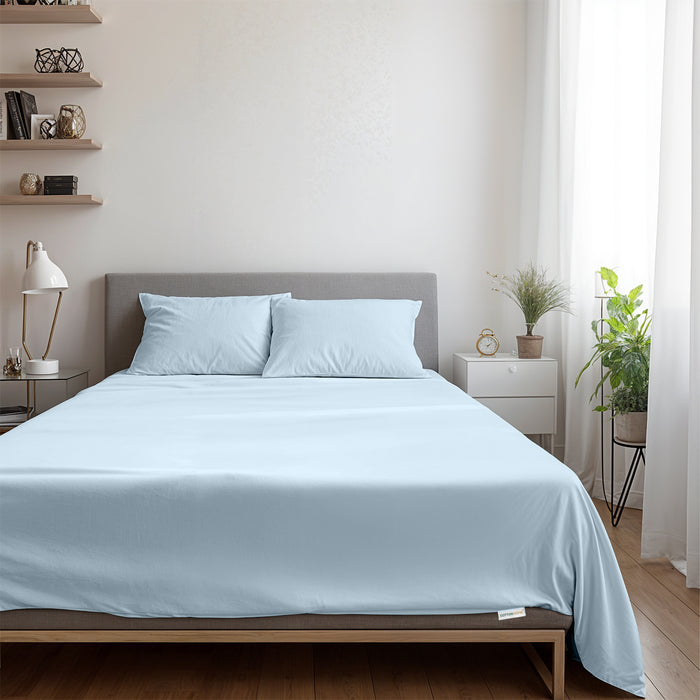 3 Piece Flat Sheet Set Supersoft Microfiber Sky Blue Single Size 160x220 with 2 Pillow Case