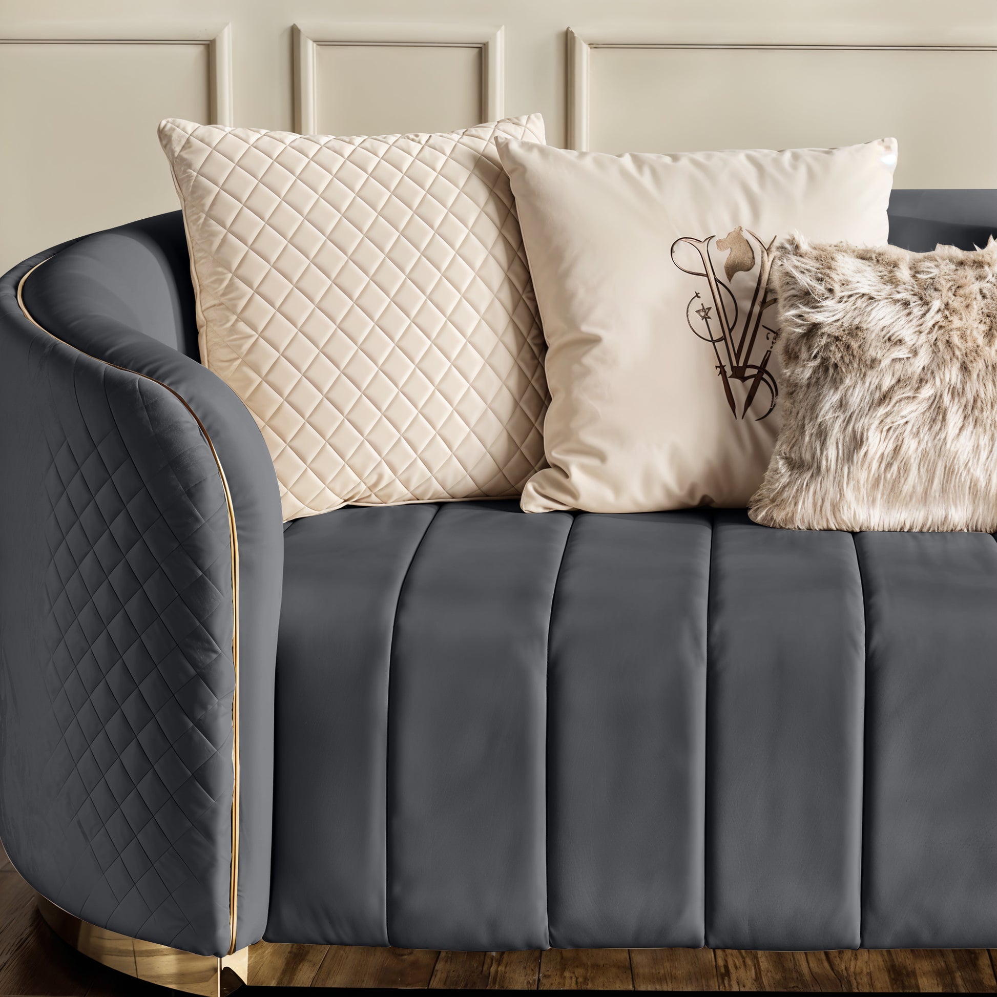 Fiona 3 Seater Velvet  Sofa -Grey - L247cm x W94cm x H81cm - Cotton Home