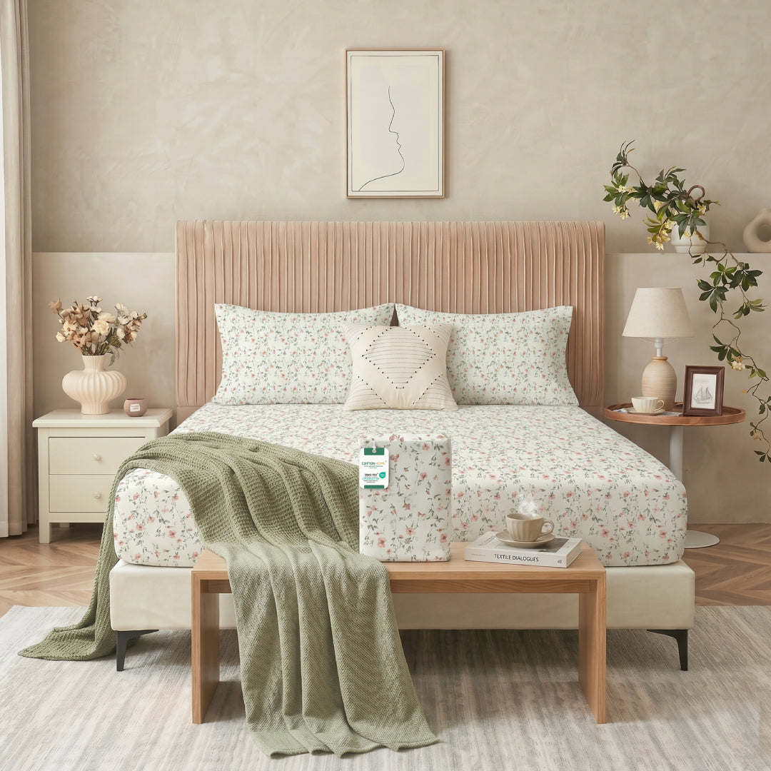 Premium Cotton Super King Size Printed Fitted Sheet 200X200+30CM With 2 Pillow Case -Botanical