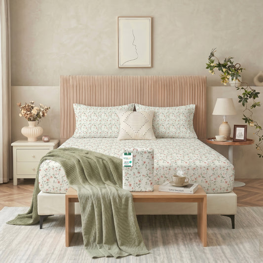 Premium Cotton Super King Size Printed Fitted Sheet 200X200+30CM With 2 Pillow Case -Botanical