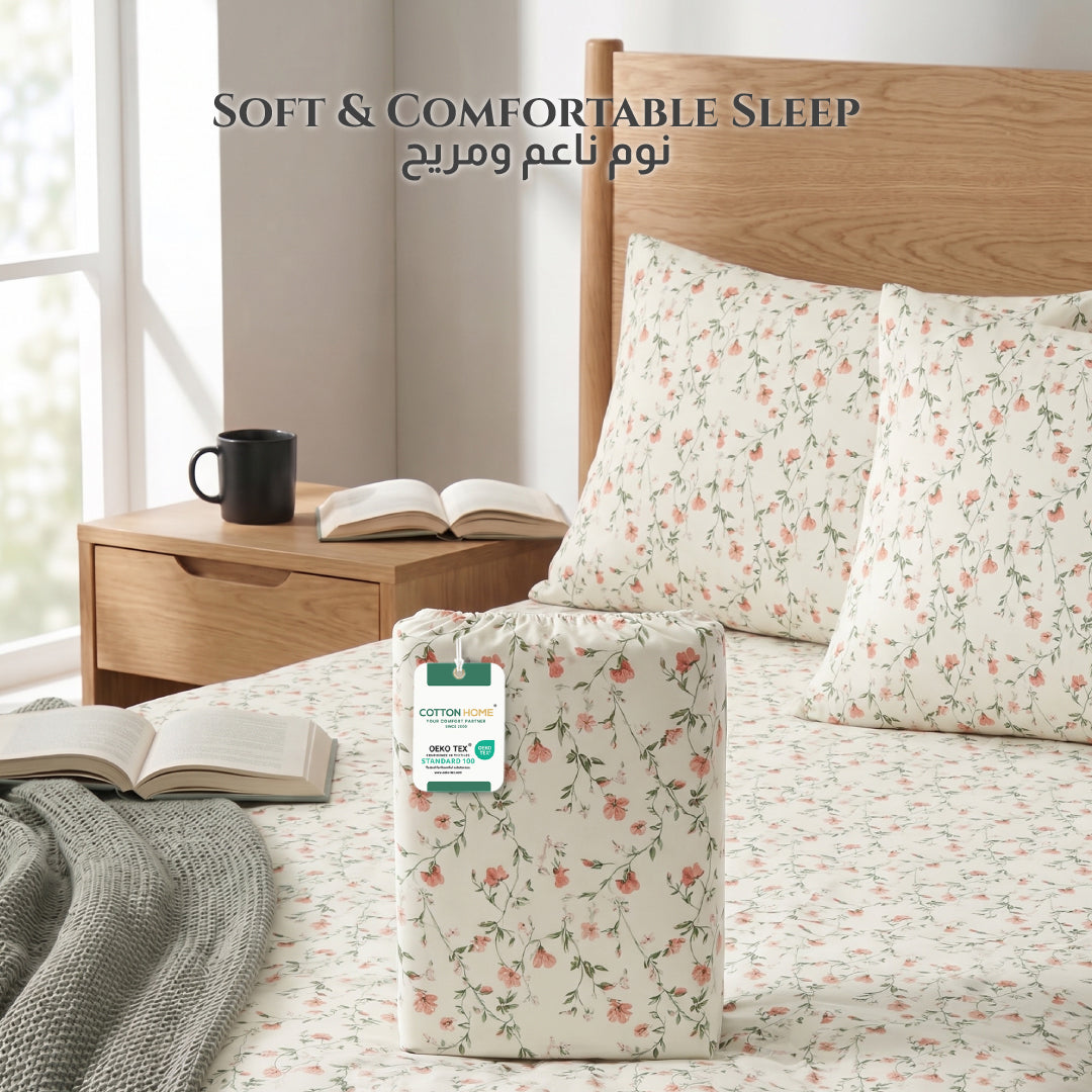Premium Cotton Super King Size Printed Fitted Sheet 200X200+30CM With 2 Pillow Case -Botanical