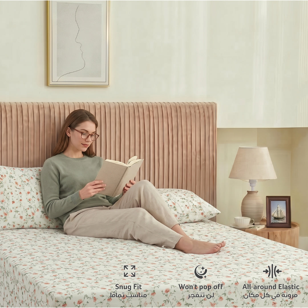 Premium Cotton Super King Size Printed Fitted Sheet 200X200+30CM With 2 Pillow Case -Botanical
