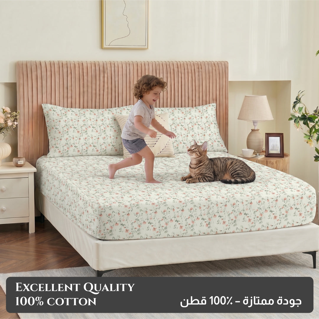 Premium Cotton Super King Size Printed Fitted Sheet 200X200+30CM With 2 Pillow Case -Botanical