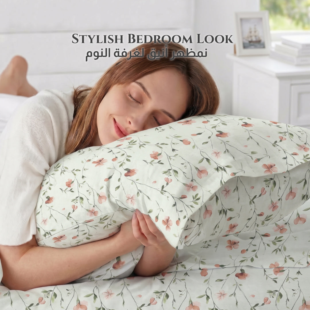 Premium Cotton Super King Size Printed Fitted Sheet 200X200+30CM With 2 Pillow Case -Botanical