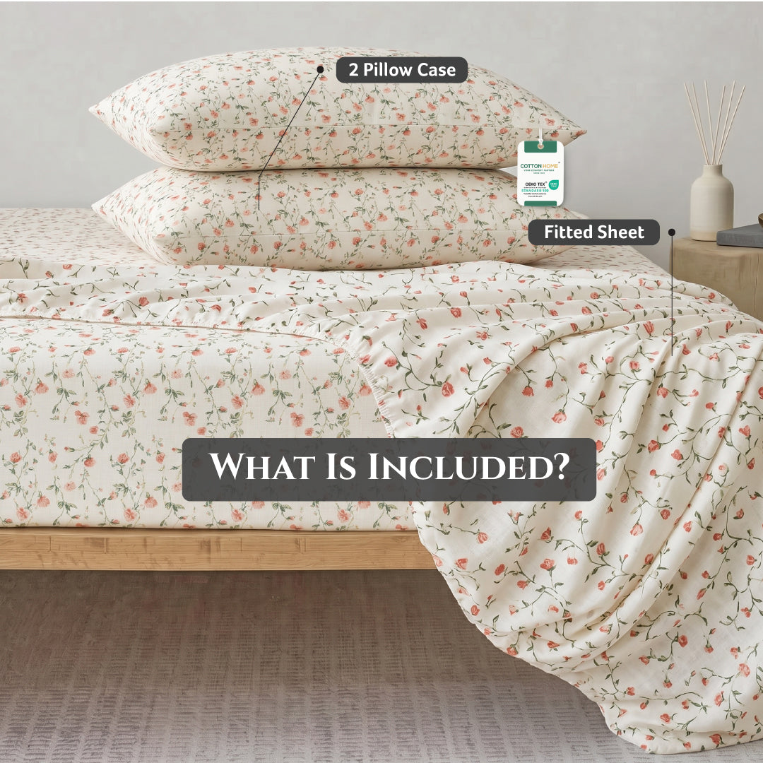 Premium Cotton Super King Size Printed Fitted Sheet 200X200+30CM With 2 Pillow Case -Botanical