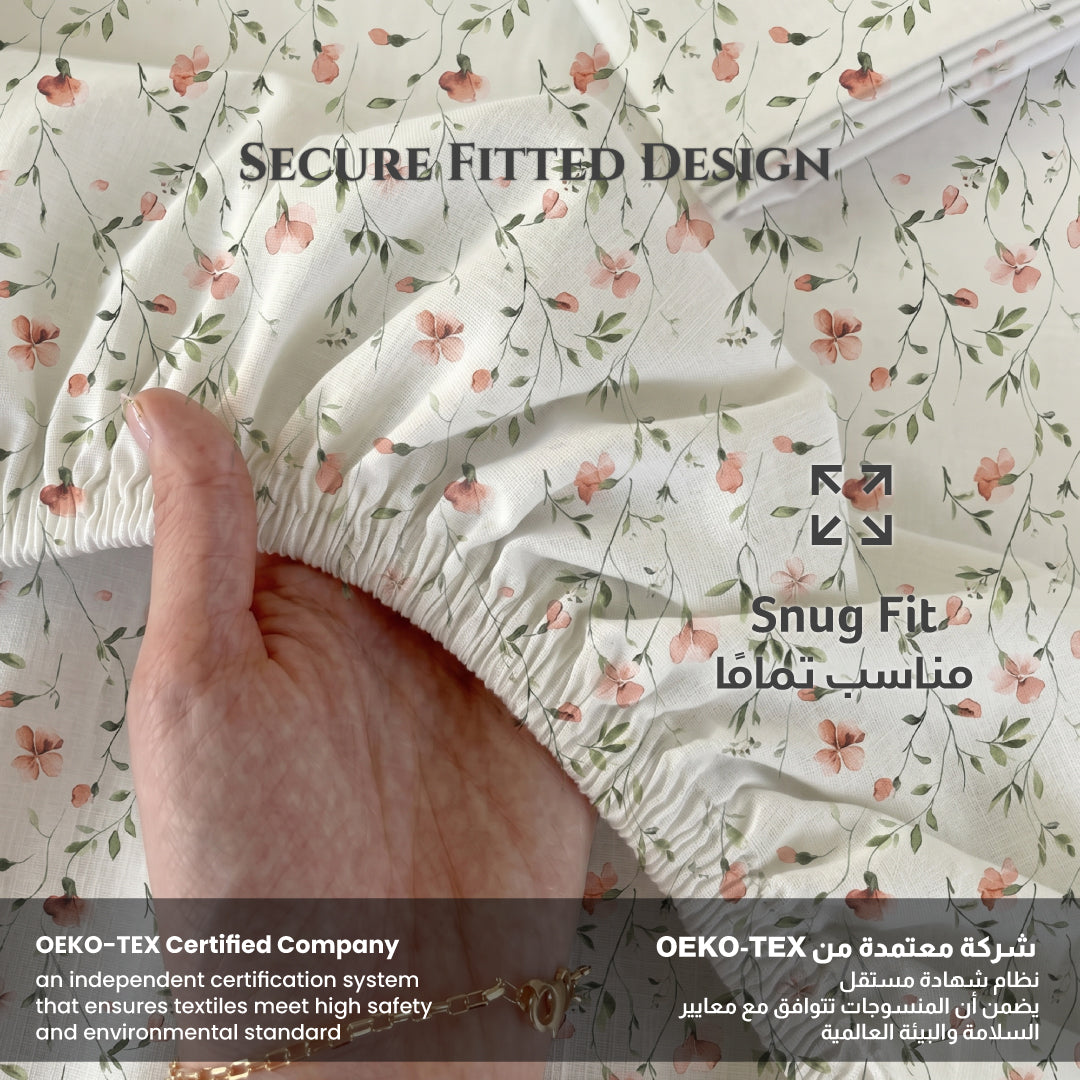 Premium Cotton Super King Size Printed Fitted Sheet 200X200+30CM With 2 Pillow Case -Botanical