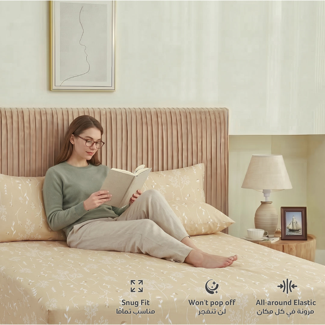 Premium Cotton Super King Size Printed Fitted Sheet 200X200+30CM With 2 Pillow Case -Floral Whisper
