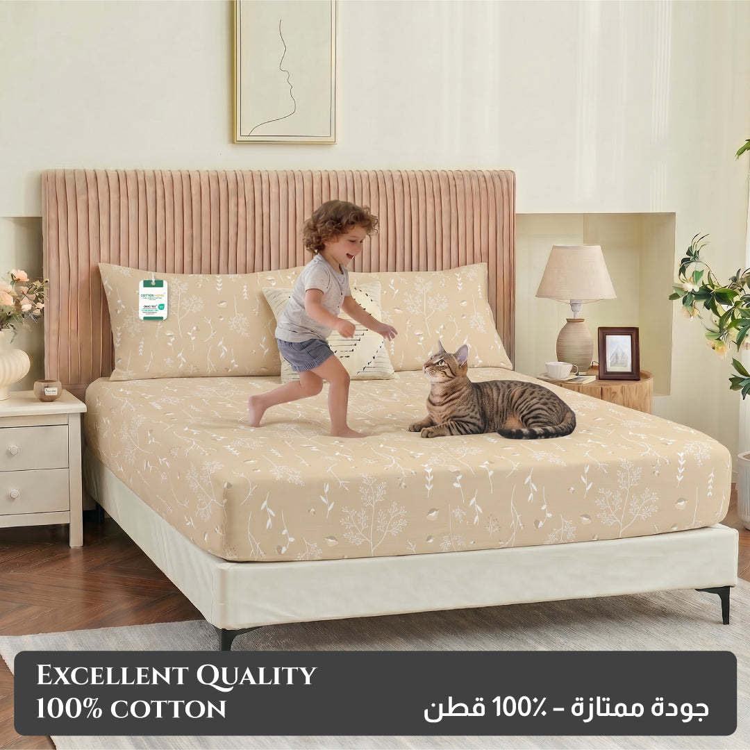 Premium Cotton Super King Size Printed Fitted Sheet 200X200+30CM With 2 Pillow Case -Floral Whisper