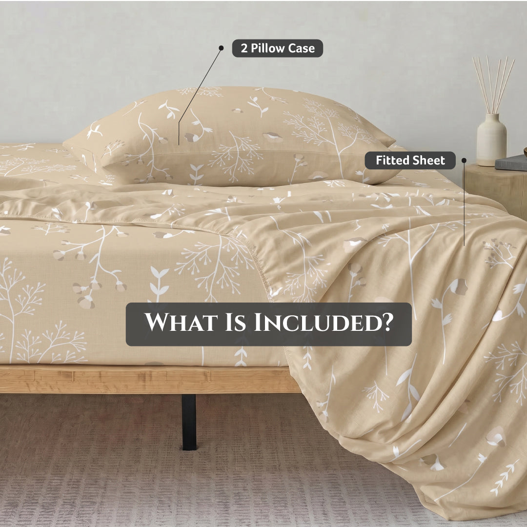 Premium Cotton Super King Size Printed Fitted Sheet 200X200+30CM With 2 Pillow Case -Floral Whisper