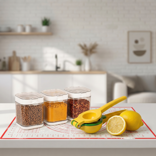Kitchen Essentials Bundle – Lemon Squeezer, Silicone Baking Mat & Airtight Glass Storage