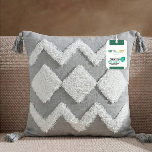 Boho Handcrafted Throw Pillow 45x45cm Filled Cushion with Grey Wave Design Pack of 2