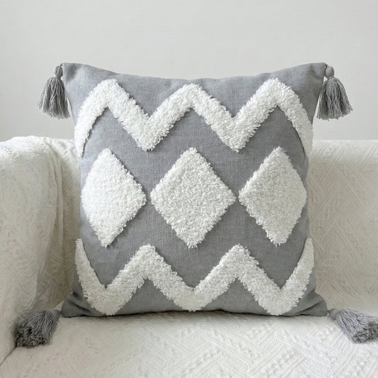 Boho Handcrafted Throw Pillow 45x45cm Filled Cushion with Grey Wave Design
