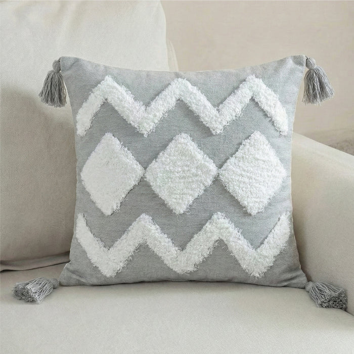 Boho Handcrafted Throw Pillow 45x45cm Filled Cushion with Grey Wave Design Pack of 2