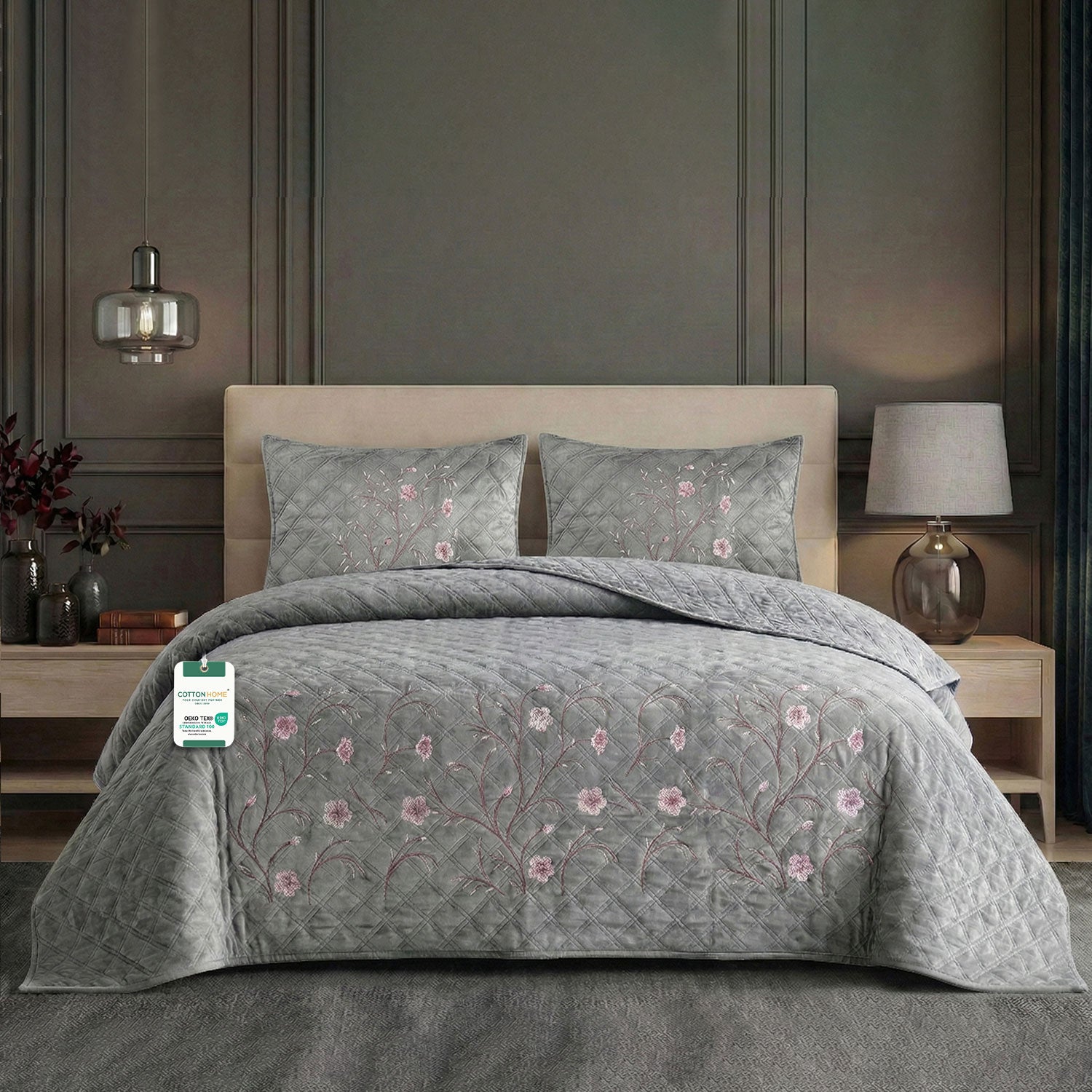 Velvet Quilt Set 3-Piece Diamond Quilted Bedspread Set 220×240cm with two pillow case Light Gray