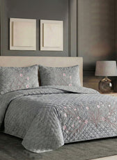 Velvet Quilt Set 3-Piece Diamond Quilted Bedspread Set 220×240cm with two pillow case Light Gray