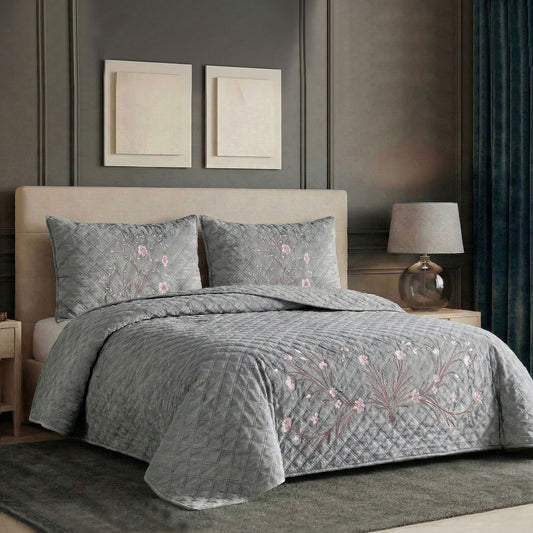 Velvet Quilt Set 3-Piece Diamond Quilted Bedspread Set 220×240cm with two pillow case Light Gray