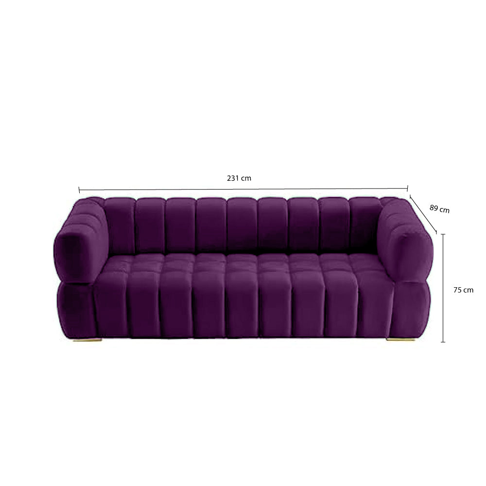 Gwen 3 Seater Sofa Velvet Fabric - Purple - L231cm x W89cm X 75cm - Cotton Home