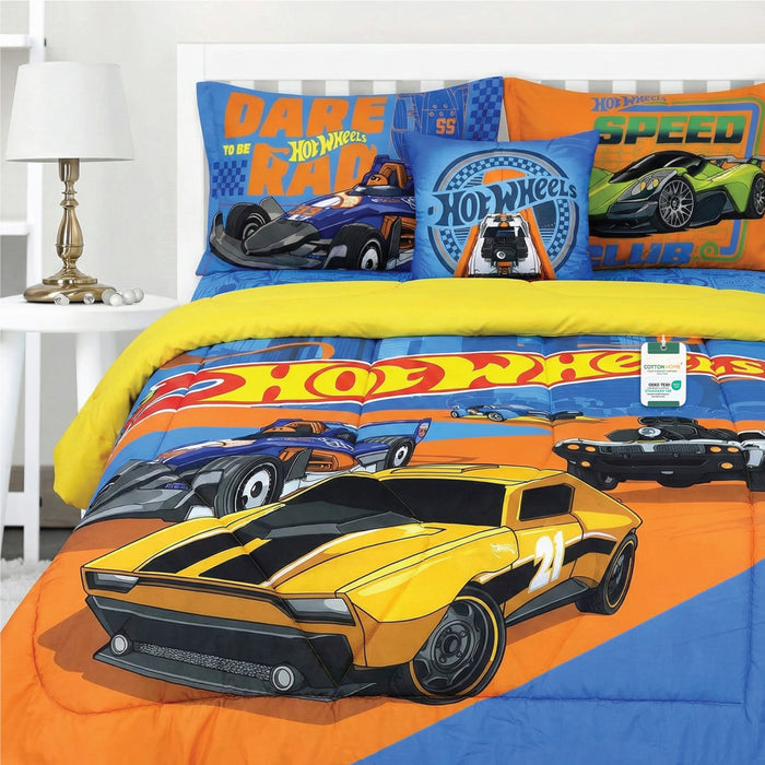 Hot Wheels Official Kids Bedding Set – 5 Piece Comforter Set Cozy & Colorful Cartoon Character with Matching Pillowcases & Bedsheet